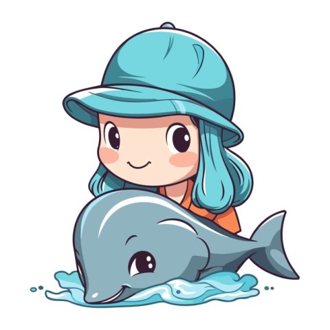 Cute little girl with dolphin. Vector illustration isolated on w