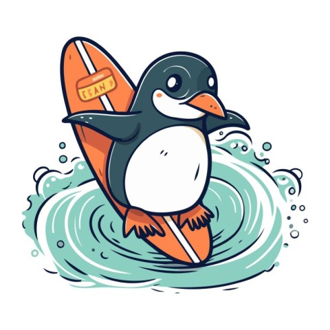 Penguin with surfboard on the waves. Vector illustration.