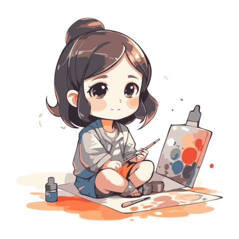 cute little girl painting with watercolors. vector illustration.