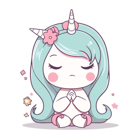 Cute little unicorn girl with closed eyes. Vector cartoon illust