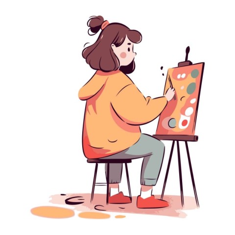 Girl painting a picture on easel. Vector illustration in cartoon