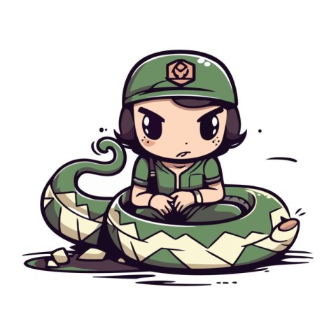 Illustration of a Cute Cartoon Snake Girl Wearing Green Army Uni