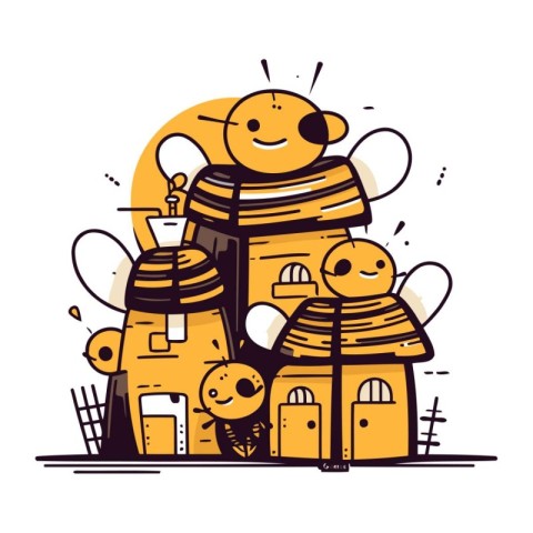 Vector illustration of a cute bee in front of a cute house.