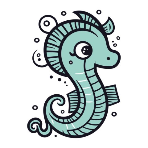 Seahorse. Cartoon sea animal. Hand drawn vector illustration.