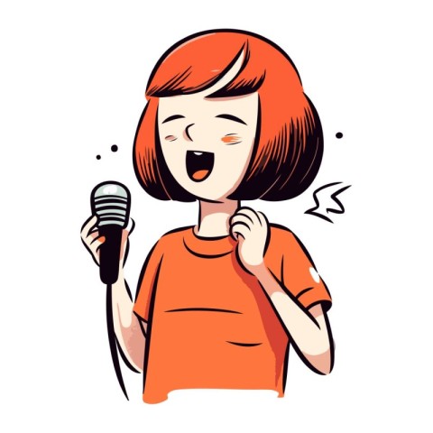 Cute girl singing karaoke with microphone. Vector illustration.