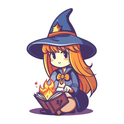 Cute little witch reading a book. Vector illustration in cartoon