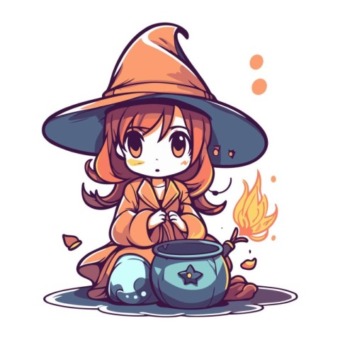 Cute little witch girl with a pot of potion. Vector illustration