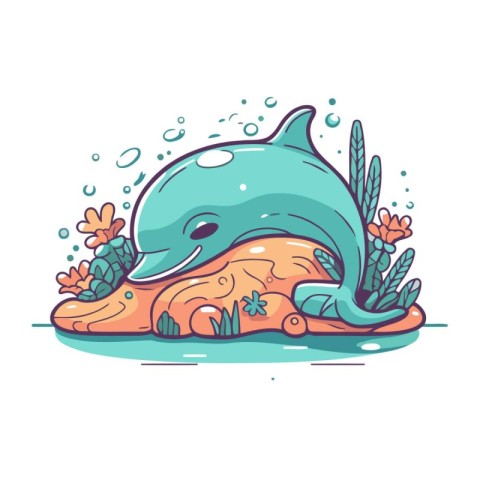 Cute dolphin on the rock. Vector illustration in cartoon style.