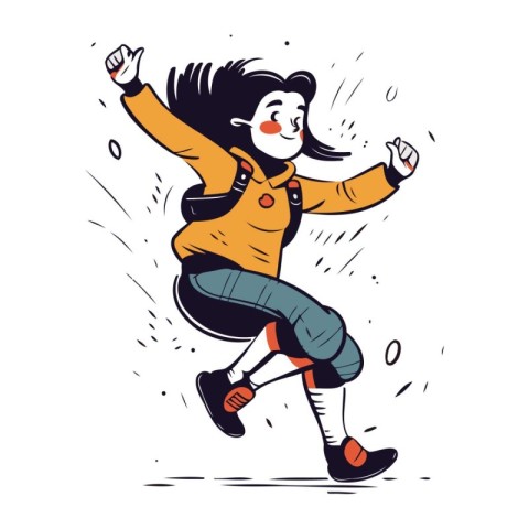 Funny girl in a yellow jacket jumps in the air. Vector illustrat