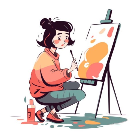 Beautiful girl painting a picture. Vector illustration in cartoo