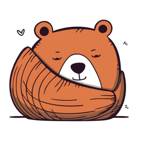 Cute cartoon bear sleeping in a wooden bowl. Vector illustration