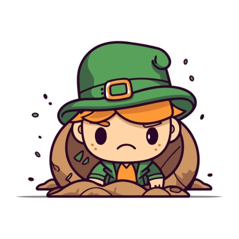 Cute leprechaun boy crying and sitting on the ground