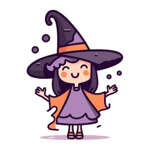 Cute little girl in witch costume. Happy Halloween. Vector illus