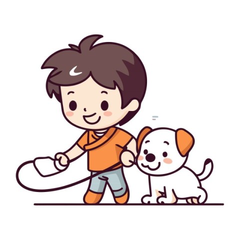 Boy playing with a dog. Cute cartoon character. Vector illustrat