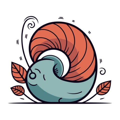 Cute cartoon snail with leaves and swirls. Vector illustration.