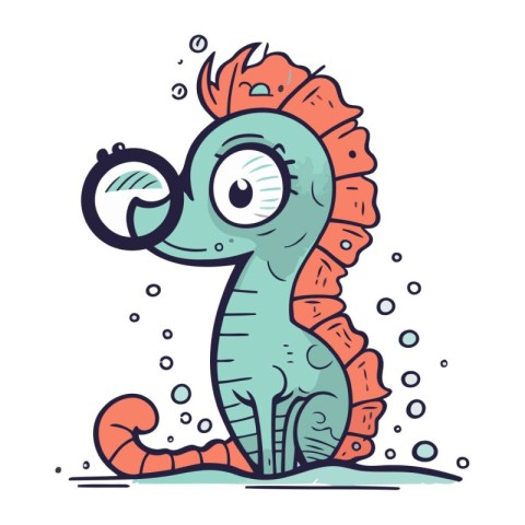 Cartoon funny seahorse with magnifying glass. Vector illustratio