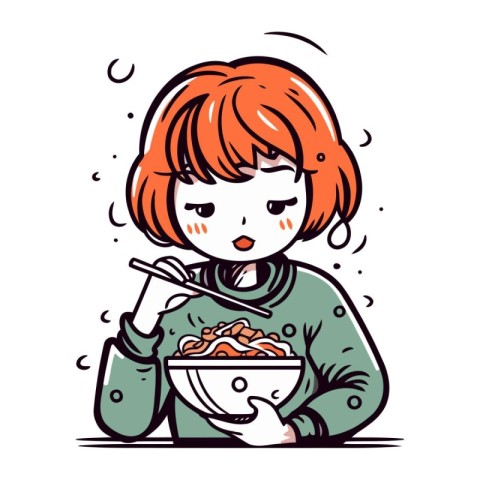 girl eating a bowl of noodle with chopsticks. Vector illustratio