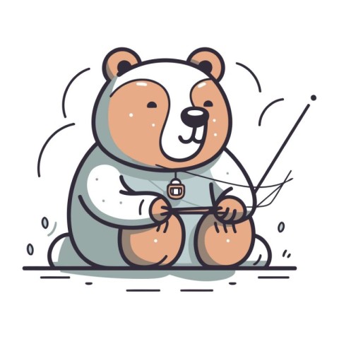 Polar bear with fishing rod. Cute cartoon character. Vector illu