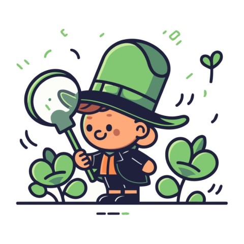 Little boy in leprechaun costume holding magnifying glass. Vecto