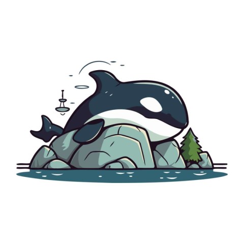 Cartoon killer whale on rock. Vector illustration of a killer wh