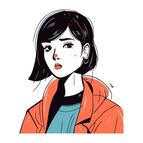 Beautiful young woman in red coat. Vector illustration in sketch