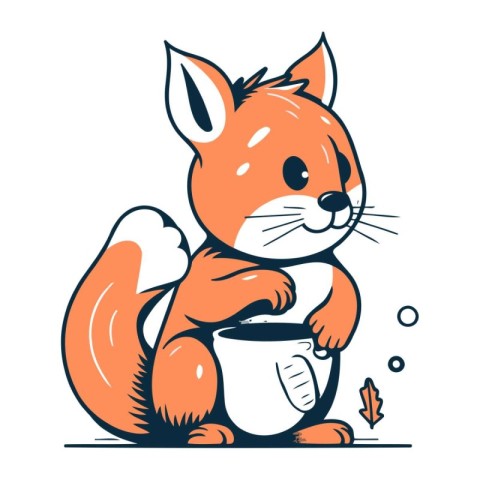 Cute little fox with a cup of coffee. Vector illustration.