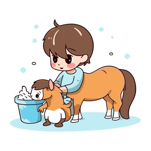 Little boy washing his dog with soap and water. Vector illustrat