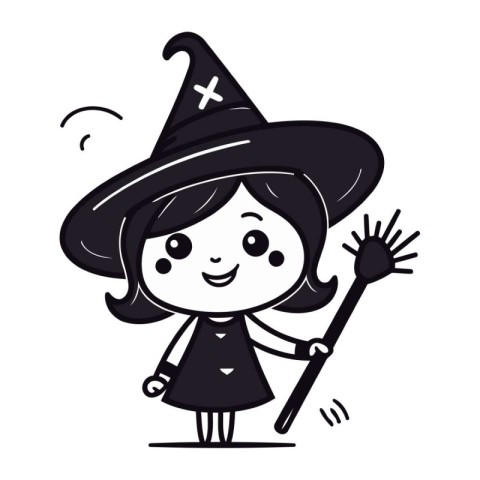 Cute little girl in witch costume with magic wand. Vector illust