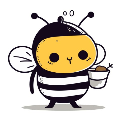 Cute cartoon bee with a bowl of food. Vector illustration.