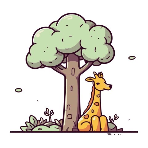 Giraffe and tree. Vector illustration in doodle style