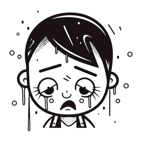 Crying little boy with tears on his face. Black and white vector