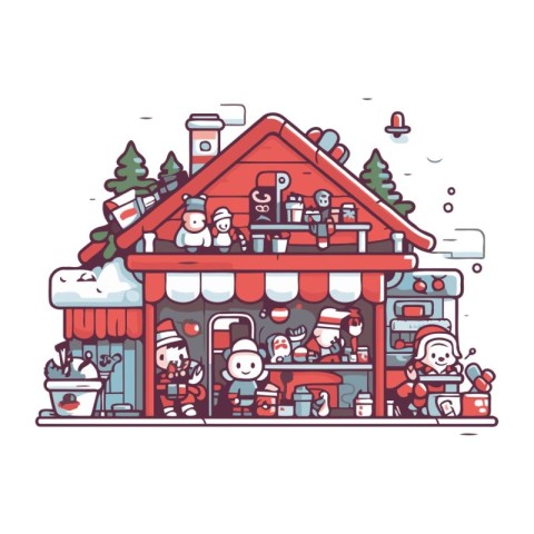 Santa Claus and snowman in front of a shop. Vector illustration.