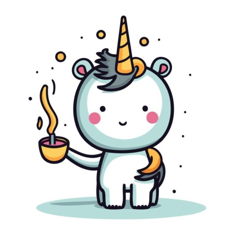 Cute unicorn holding a cup of coffee. Vector illustration in car