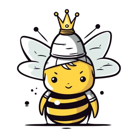 Cute cartoon bee with crown. Vector illustration on white backgr