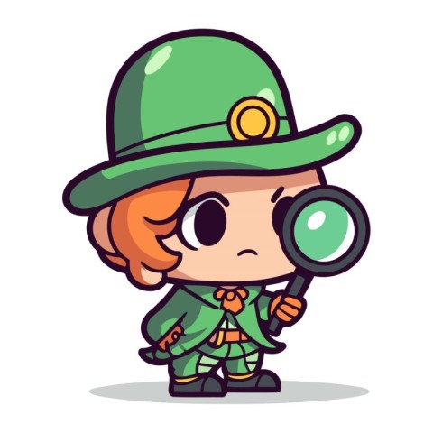 Cute Leprechaun Girl with Magnifying Glass Vector Illustration