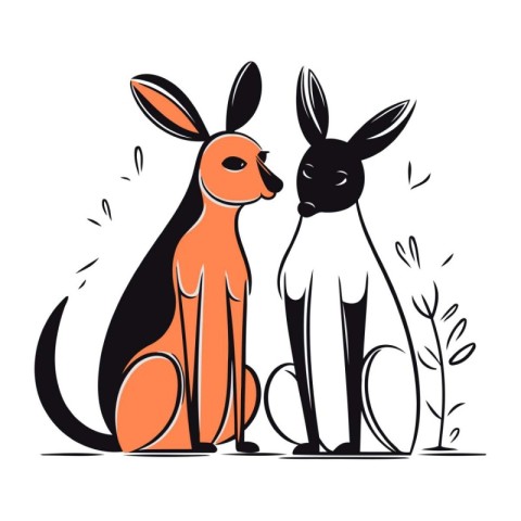 Vector illustration of a kangaroo and rabbit on a white backgrou