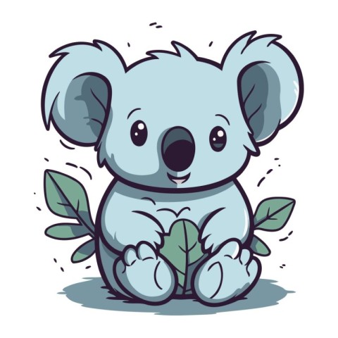 Cute cartoon koala with green leaves. Vector illustration on whi