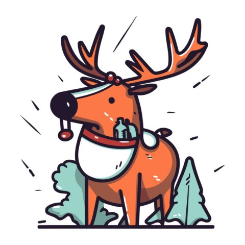 Cartoon reindeer with christmas hat. Vector illustration.