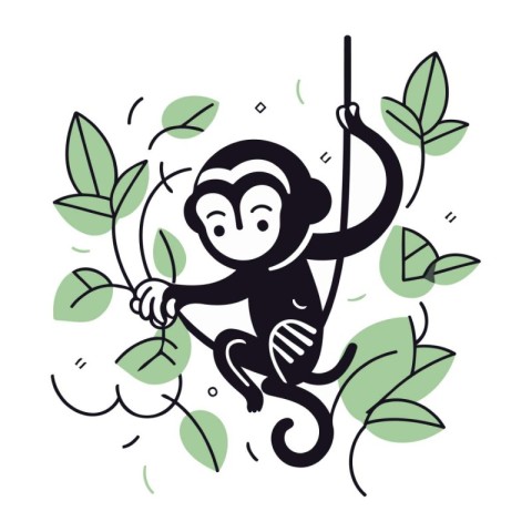 Cute cartoon monkey on a branch with leaves. Vector illustration