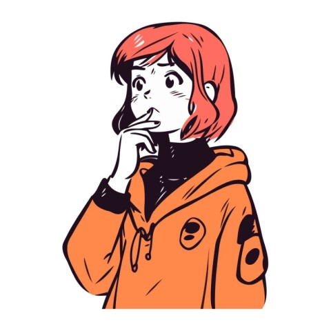 Vector illustration of a young woman with red hair in a coat.