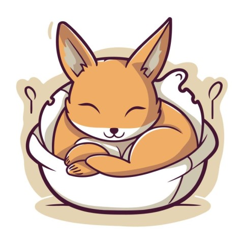 Cute little fox sleeping in a bowl of milk. Vector illustration.