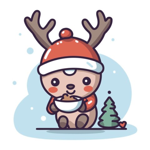 Cute reindeer with santa claus hat. Vector illustration.