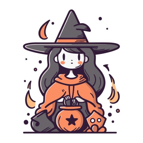 Cute little witch with potion. Vector illustration in cartoon st