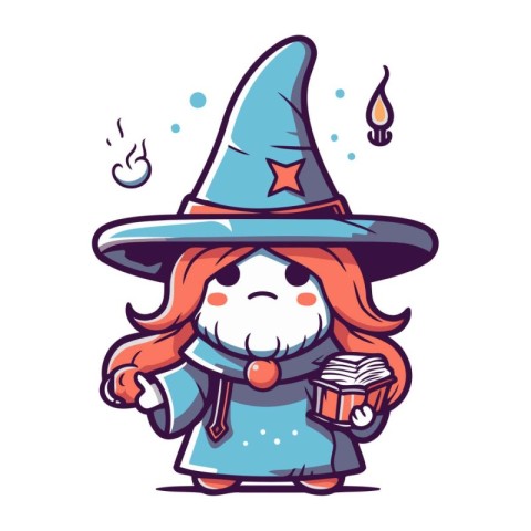 Cute little witch with magic book. Vector illustration in cartoo