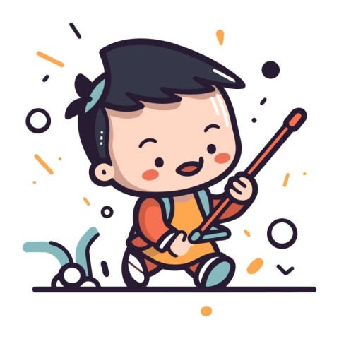 Cute little boy playing with a stick. Vector illustration in car