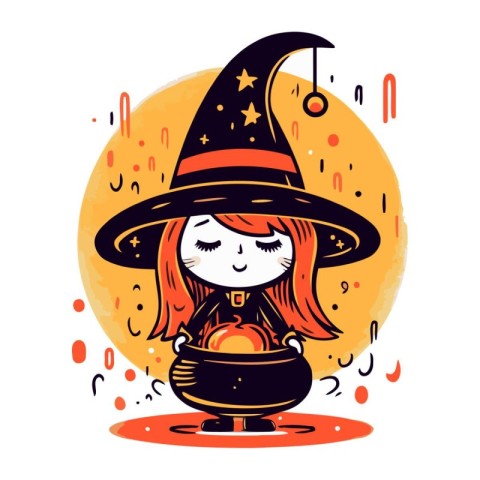 Cute little witch girl with magic potion. Halloween vector illus