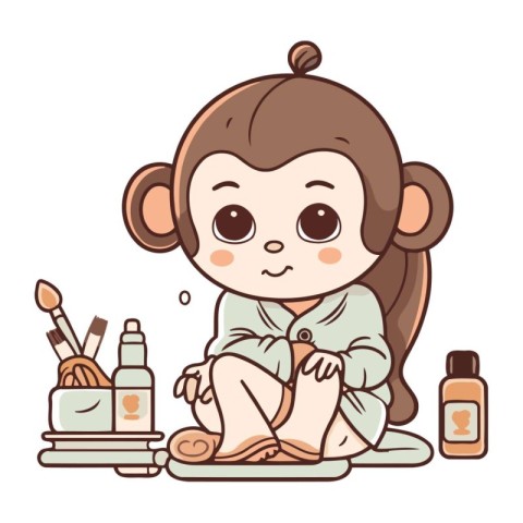 Cute little baby girl in bathrobe with cosmetics. Vector illustr