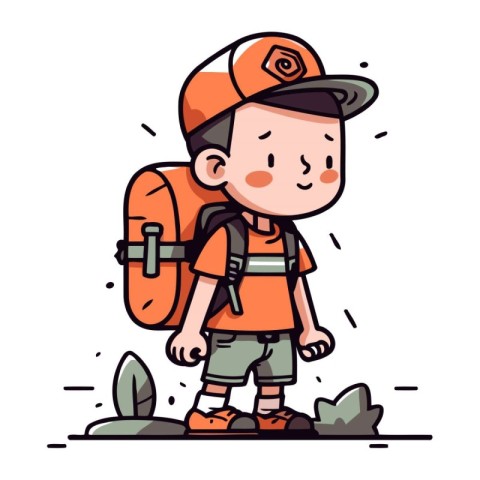 Cute little boy with backpack and cap. Vector illustration in ca