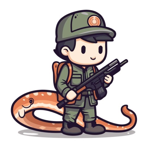 Soldier with a snake in his hand. Cute cartoon vector illustrati