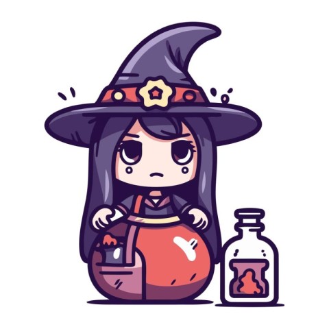 Cute little witch with potion. Vector illustration in cartoon st